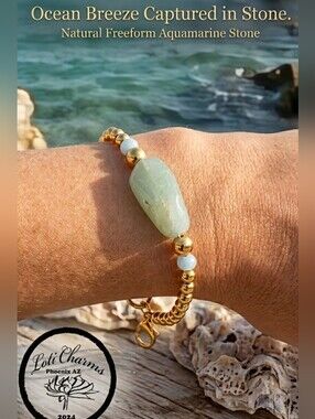 Natural Large Aquamarine Nugget & Gold Beads In Sweet Classy Bracelet